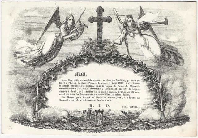 1839 Belgian Mourning - Funeral Card for Belgian Infantry Officer of 4th Ligne