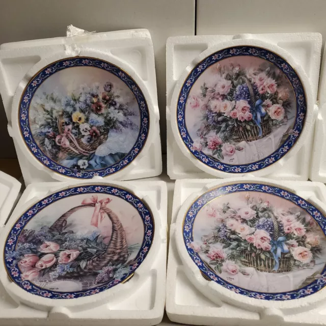 Lena Liu's Basket Bouquets Lot Of 4  Wall Plates Roses Pansies Tuplis And Lilacs