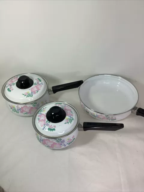 VTG Kobe Cookware Pink Floral White Enamelware on Metal 5pc Pot Sauce Pan Set