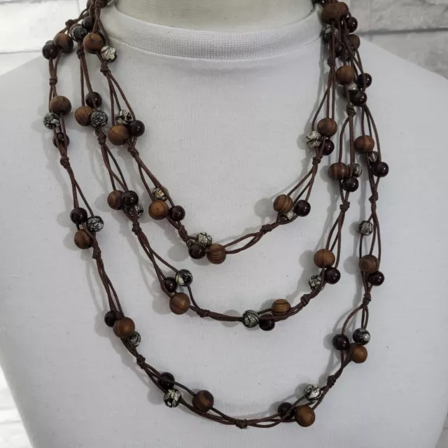 Extra Long Beaded String Necklace Brown Wood Cluster Beads Costume Jewellery