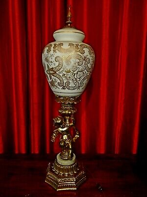 Vintage Ornate Brass and marble Cherub lamp with milk globe shade in Gold trim