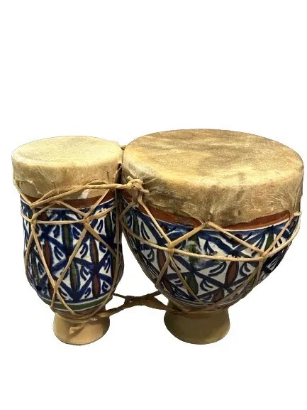 Genuine, Vintage, Ceramic, Hand Painted, Goat Skin, African Double Drum / Djembe