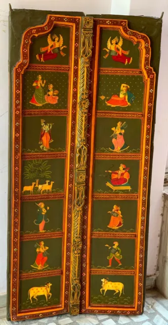Antique wooden door old heavy Indian furniture lord Krishna painted cow frame