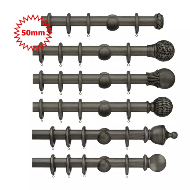 50mm Integra MASTERPIECE Wooden Curtain Pole Set Wood STANDARD Brackets, Pewter