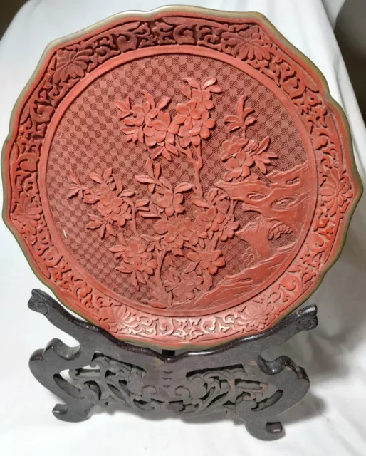 Antique 1920s Chinese Hand-Carved Red Cinnabar Floral Motif Plate Dia30cm Large