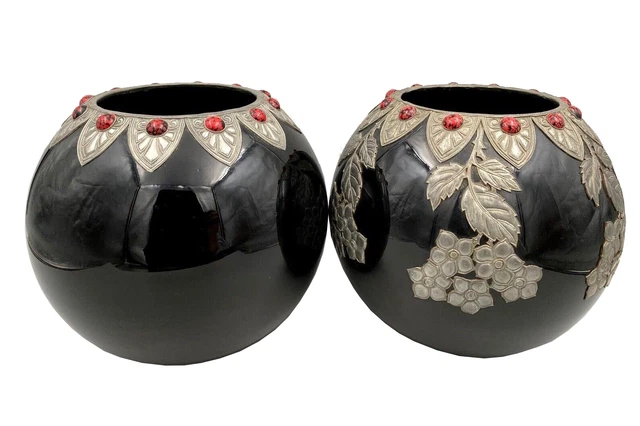 Paire De Vases Art Deco 1930 Fond Noir Verre Feuillage Fleurs Cabochons M999