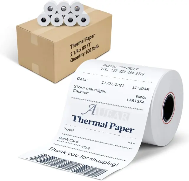 , Thermal Cash Register POS Paper Rolls, 2 1/4" X 85' - BPA Free (100 Pack