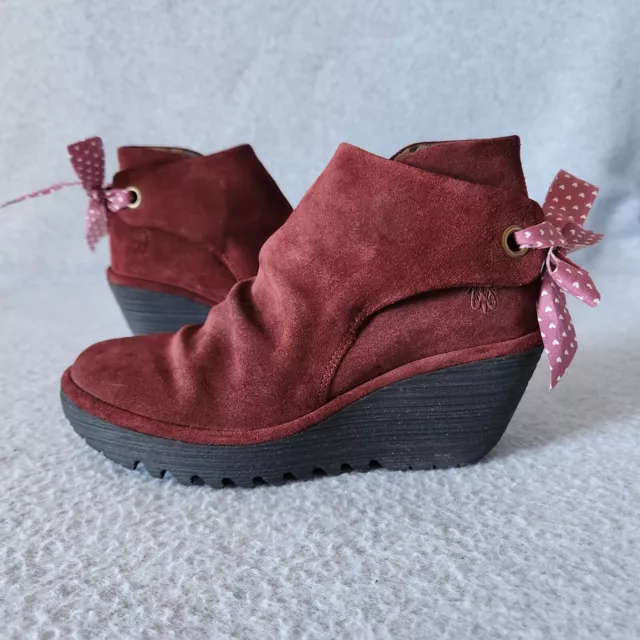 FLY LONDON YAMA Rust Oil Suede Tie-Back Wedge Ankle Boots Red-Brick ...
