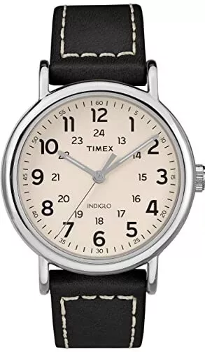 40mm Timex Weekender Men's Watch Black Leather Strap white/cream dial TW2T21600