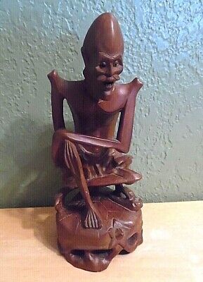 Vntg Hand Carved Wooden Asian Very Emaciated Old Man With Teeth Very Detailed
