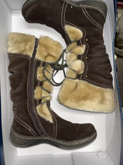 BareTraps Elicia Snow Winter Boots Size 6.5 Brown Leather Suede Faux Fur Lining