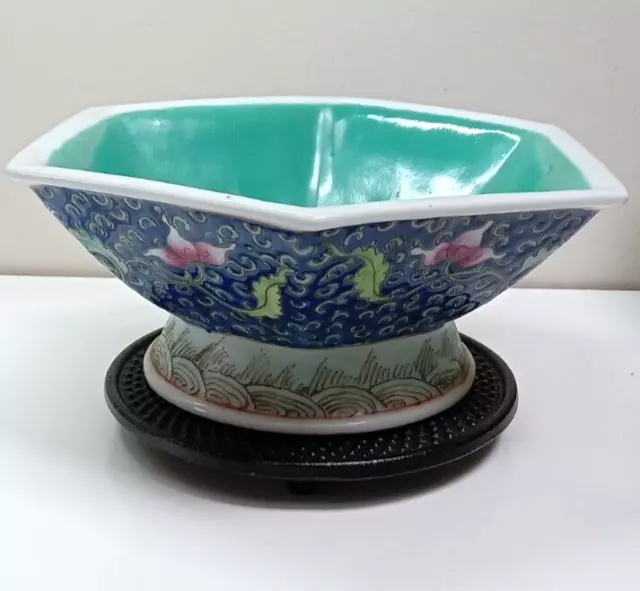 Large very Old Chinese Porcelain Enamelled Hexagonal Footed Serving Bowl.