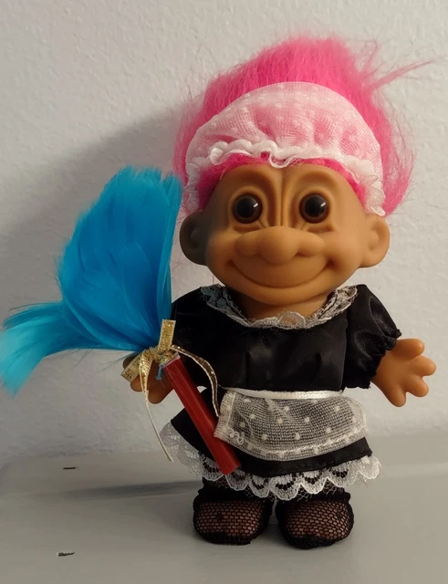 Vintage Russ French Maid Housekeeper Troll Pink Hair w sticker, feather duster