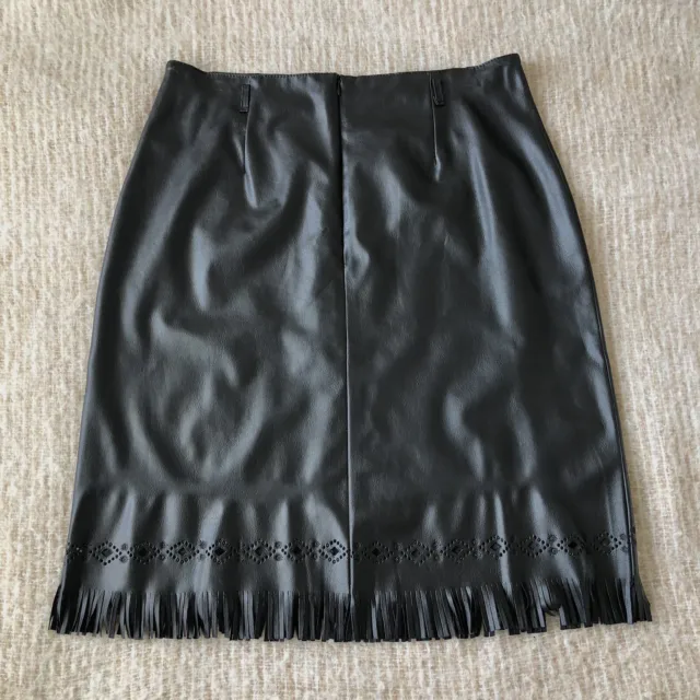 Vintage 70s Hippie Black Faux Leather Tooled Fringe Mini Skirt - L