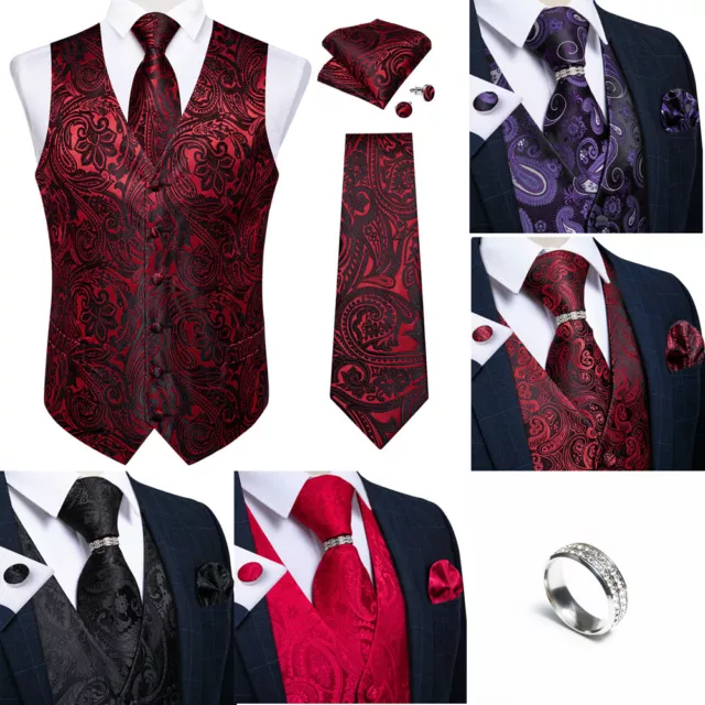 Mens Slim Vest Formal Floral Tuxedo Suit Men's Paisley Vest WIth Silver Ring