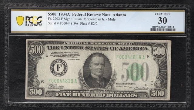 Fr. 2202-F 1934-A $500 Frn Federal Reserve Note Atlanta, Ga Pcgs Banknote Vf-30