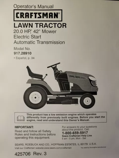 SEARS CRAFTSMAN 22.0 h.p 42 Hydro Lawn Tractor 917.273780 Owner Parts Manual 41.24 PicClick