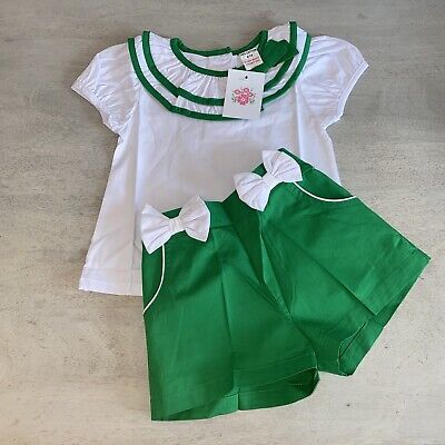 Baby Girls Summer Shorts Top Outfit Age 6-12 Months White Green Bow Spanish Set