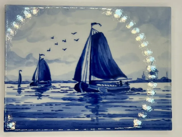 Vintage Signed Delft Blue Porcelain Tile Trivet With Sailboats And Windmill EUC