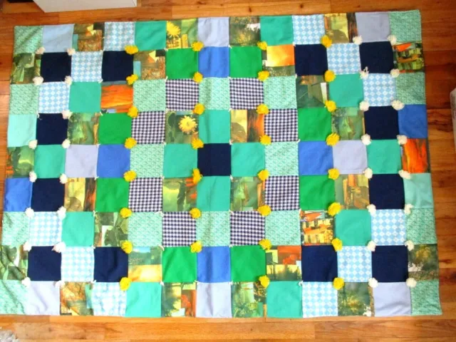 Vintage Patchwork Quilt Polyester throw blanket 44x61 70s style blue green