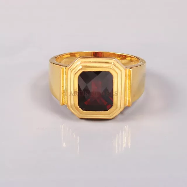 Natural Garnet Gemstone With 14K Gold Plated Silver Ring for Men's #881
