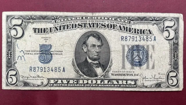 1934 D Five Dollar Silver Certificate $5 Bill Blue Seal Note Circulated #59025