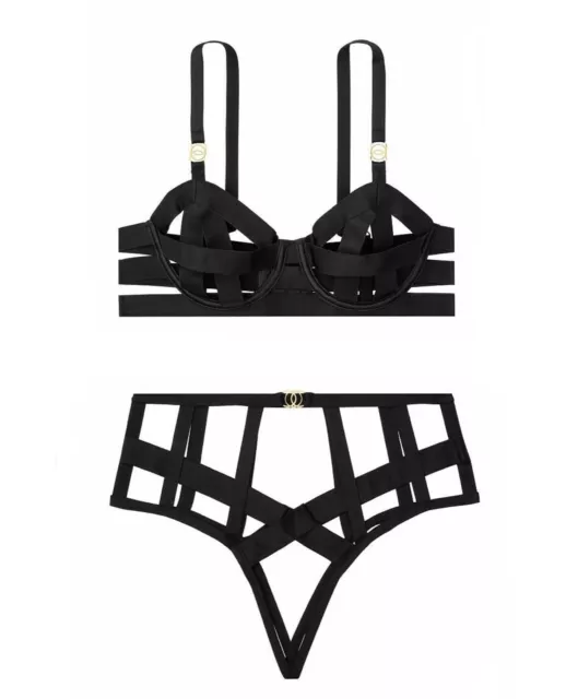 Victorias Secret Luxe Lingerie à Ruban à Lanière Demi Bra 2Pc Ensemble Noir Haut