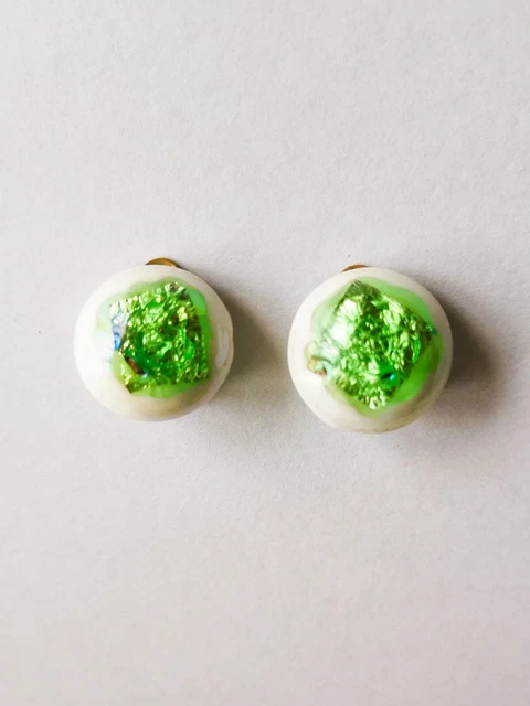 Boucles D'oreilles Vintage Clips - Motif Feuille En Pâte De Verre Vert Et Argent Blanc - Occasion