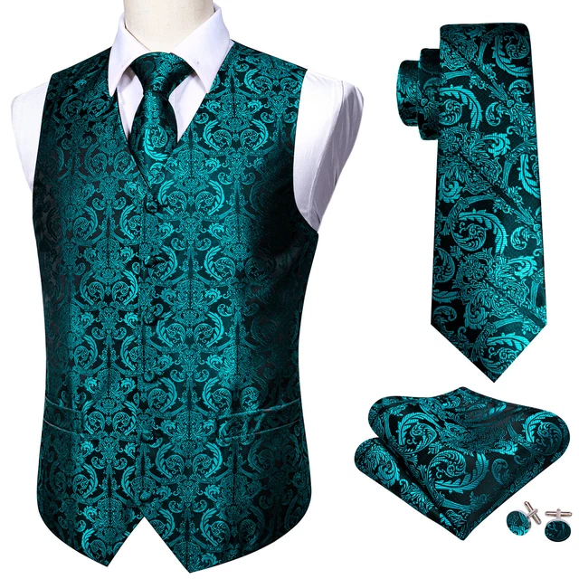 Barry Wang Mens Waistcoat Teal Paisley Silk 4PCS Vest Suit Tie Set Wedding Event