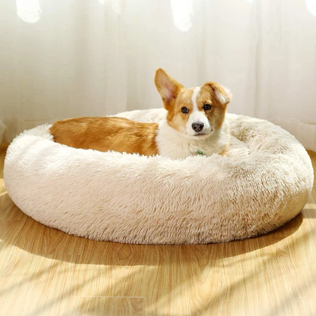 Shag Vegan Fur Donut Comfortable Dog Bed for Medium Dogs, Large Calming Cuddler