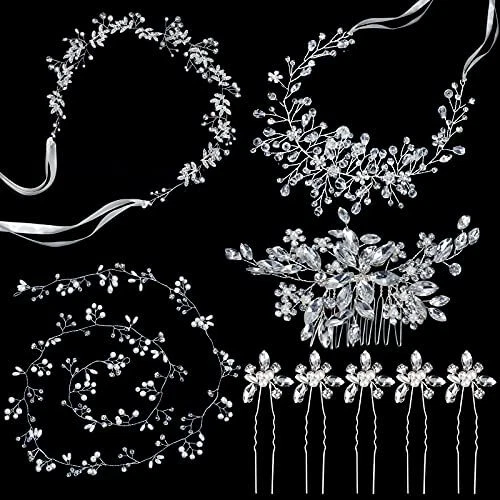 MTLEE 9 Pieces Wedding Hair Accessories for Brides,Crystal Bridal Headpieces