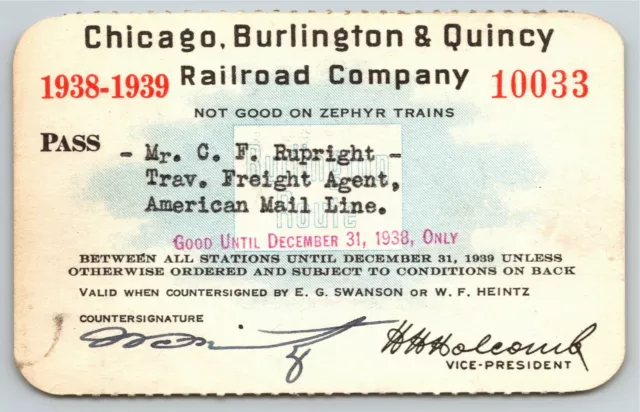 Scarce Railroad Annual Pass Burlington & Quincy Railroad Company 1938-39 10033