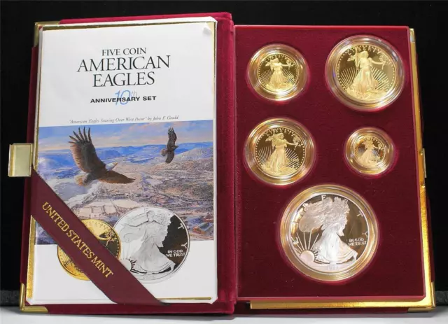 1995-W FIVE COIN Proof Gold & Silver Eagle 10th Anniversary Set In *OGP ...