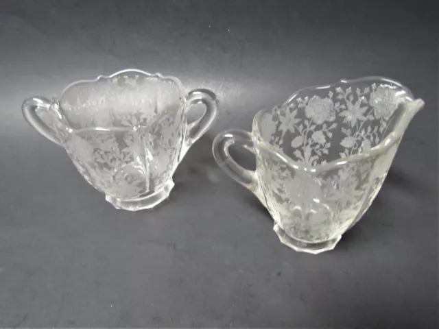 Cambridge Glass WILDFLOWER Etched Clear Footed Vintage Creamer & Sugar Bowl VGC