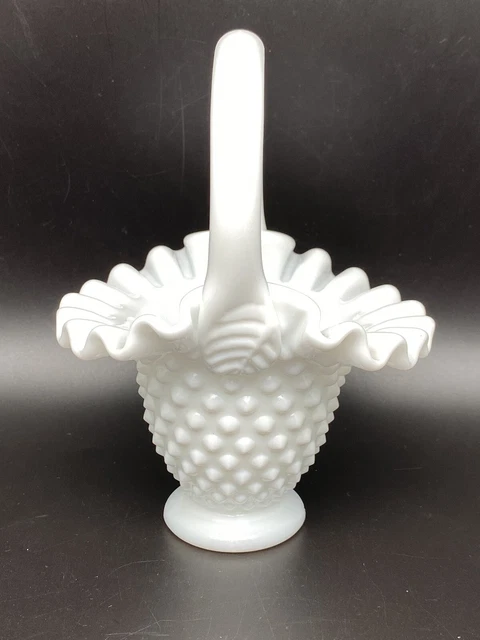 Vintage Fenton 5-3/4" Hobnail Milk Glass Basket With Ruffled Rim