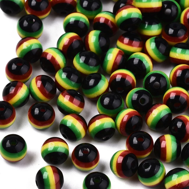 Striped Round Beads Black Red Yellow Resin Reggae Rasta Style 6mm 8mm 50pcs