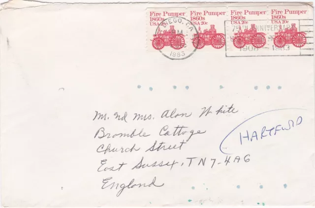 1983 USA cover from San Diego CA to Hartfield, Sussex England