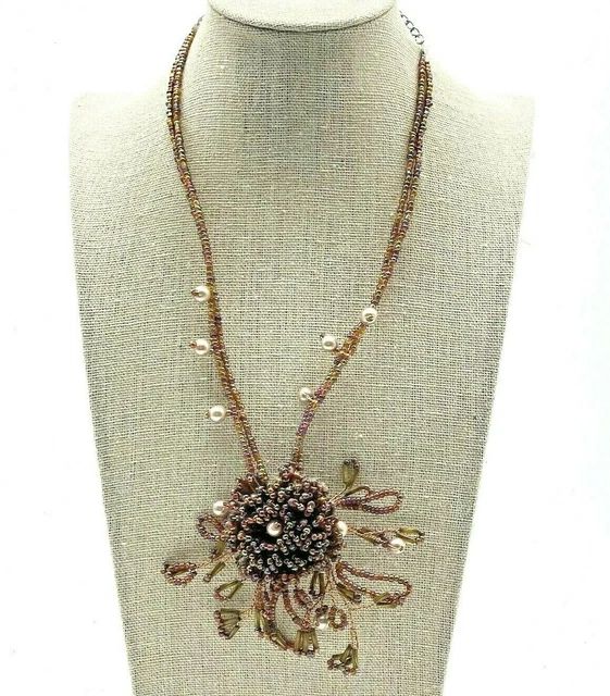 Floral Pendant Necklace Multicolor Seed Beads Iridescent Gold Tone Boho Festival