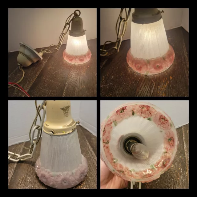 VTG Frosted Glass Hanging Victorian Ceiling Light Fixture Old Floral Pink Glass