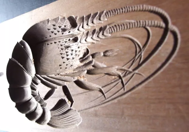 22ksg162 JAPANESE KASHIGATA WOOD CAKE MOLD LOBSTER PRAWN EBI HAND CARVED VINTAGE