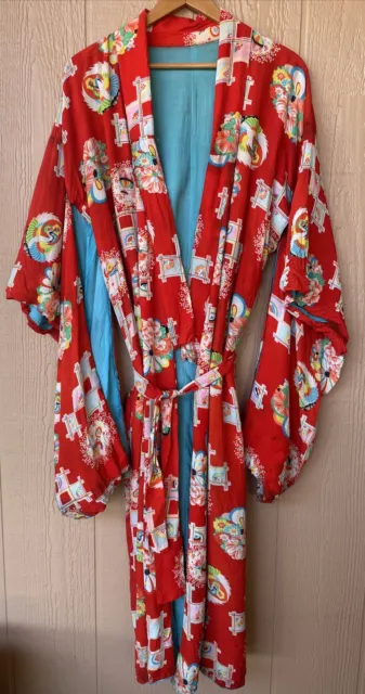 Vintage Japanese Style Kimono Red Long Robe Floral Swans