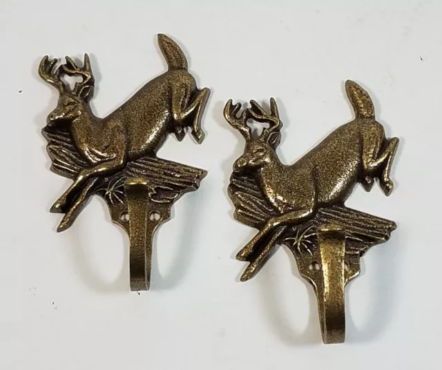 Pair Solid Brass Whitetail Buck Deer Coat Hooks Hat Hanger Metal Wall Hooks KBC