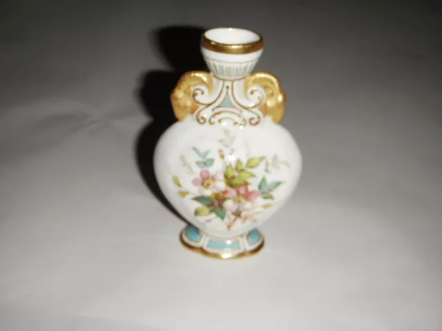 Antique Royal Crown Derby England 4.25" Vase Porcelain Ram Head Aqua Floral Gold