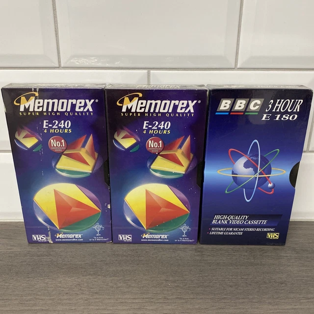 VHS BLANK CASSETTE Tapes 2 x Memorex E240 4hr & 1 x BBC E180 3hr New