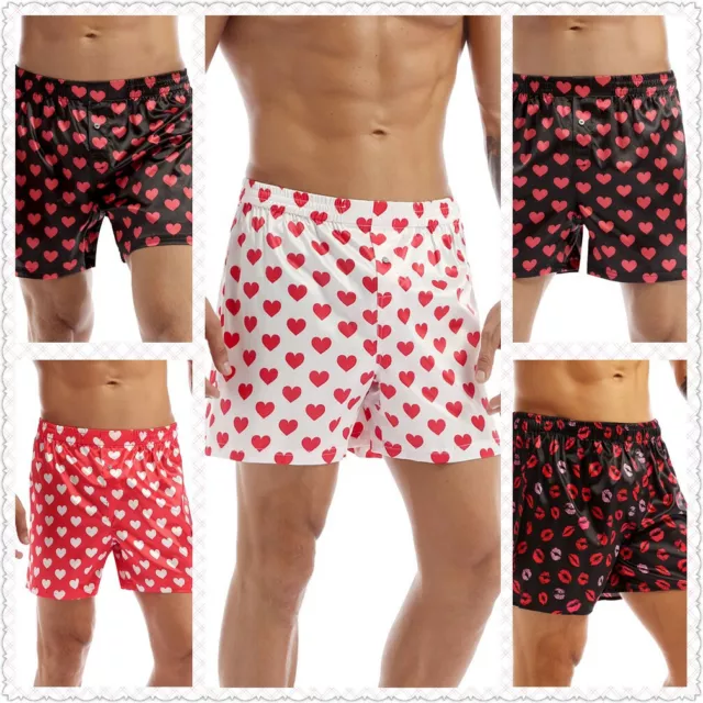 Mens Silky Lounge Hearts Print Boxer Briefs Shorts Sports Pants Trunks Underwear