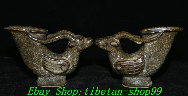 6.2  ''Old official Kiln Porcelain Dynasty Sheep Head Wine Jue Cup Mug Pair