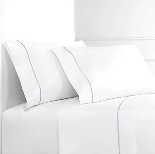 Melange Home Percale Cotton Single Embroidery Stripe Twin Sheet Set Blue on W...