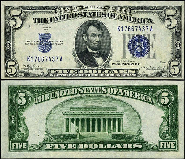 FR. 1651 $5 1934-A Silver Certificate Non-Mule K-A Block Choice CU+
