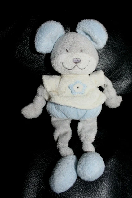 Doudou souris ours gris et bleu NICOTOY tee shirt blanc brodé fleur grelot 25 cm