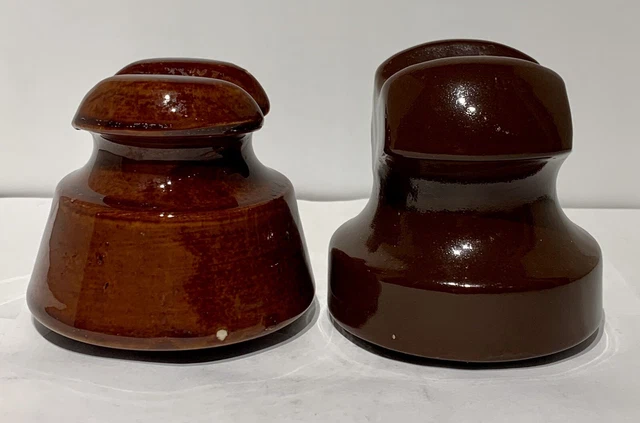 2 Vtg Brown Ceramic Porcelain High Voltage Electric Pole Power Line Insulators. 4